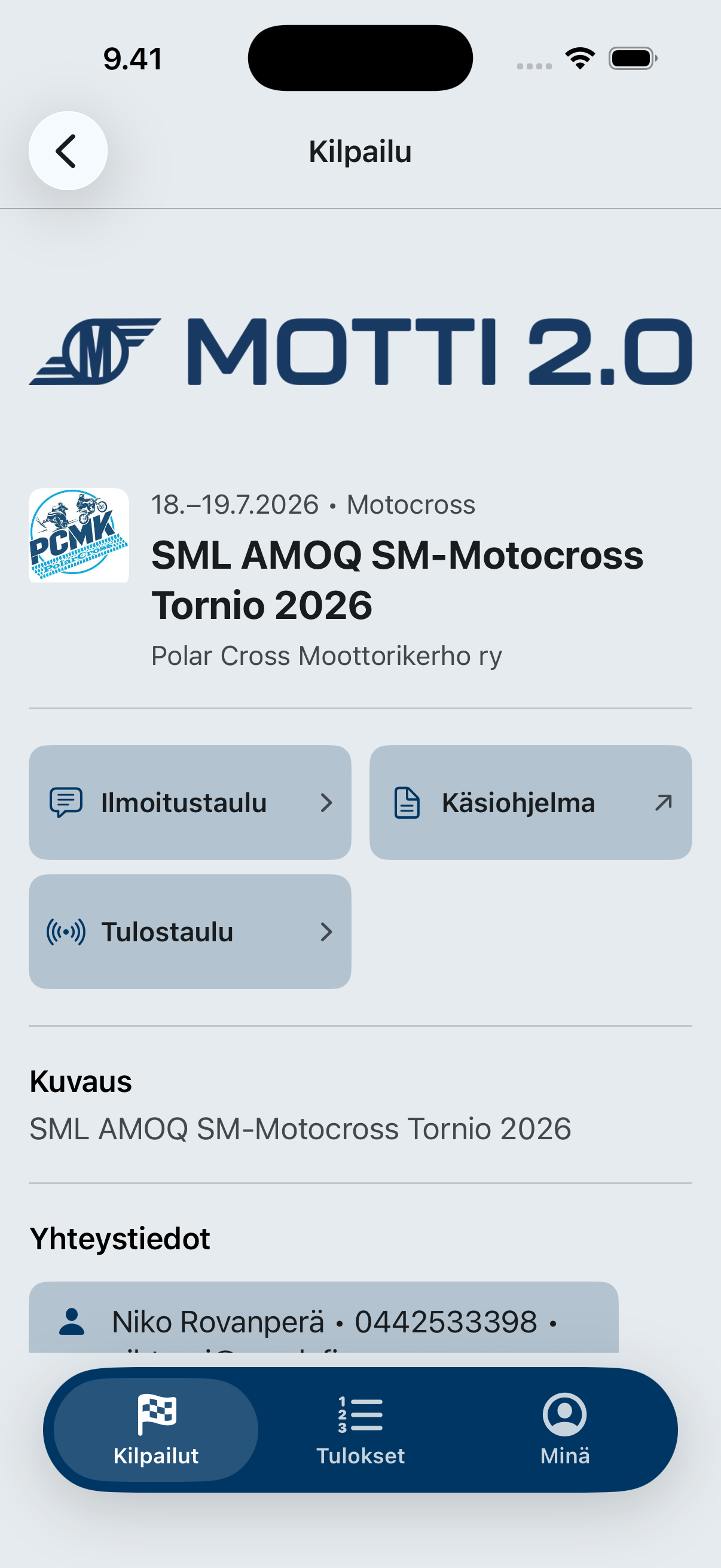 Motti 2.0 kilpailunäkymä iOSissa