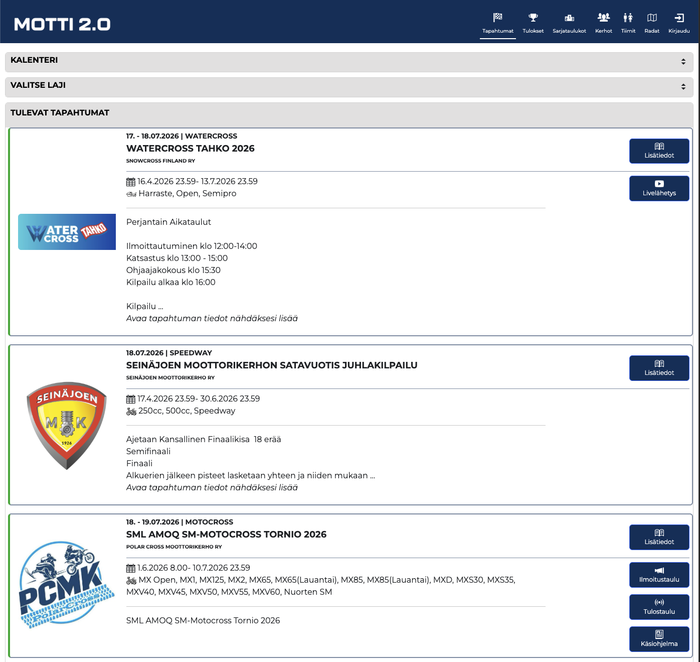 Motti 2.0 web-palvelun kilpailunäkymä