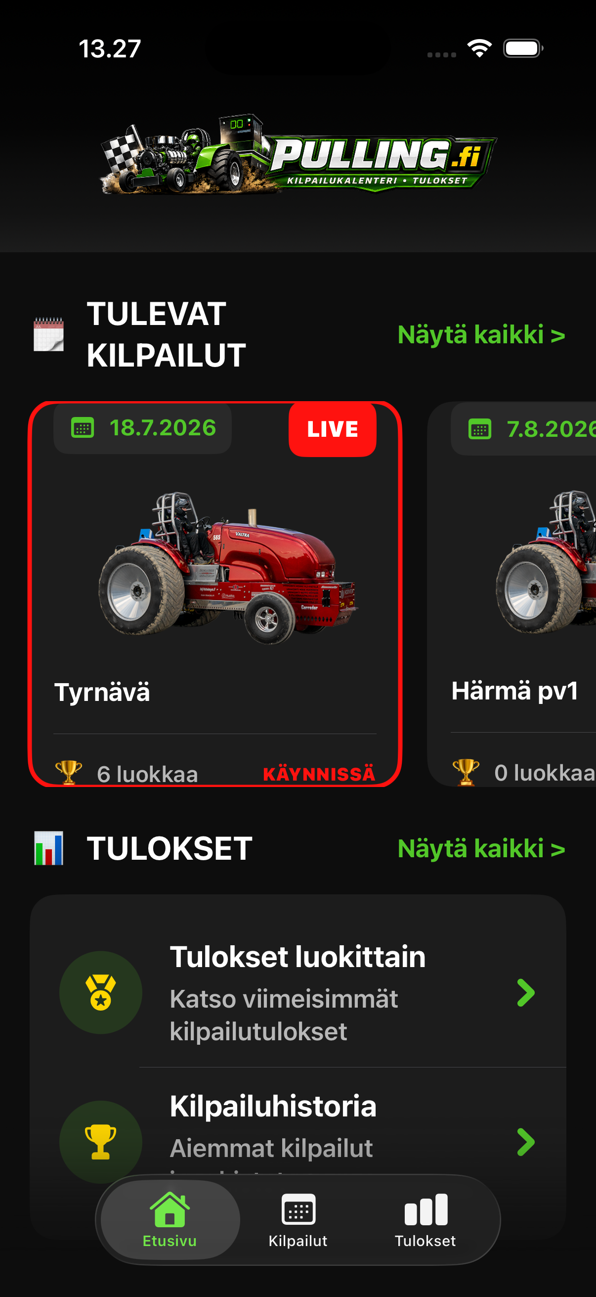 Tractor Pulling iOS-sovelluksen etusivu